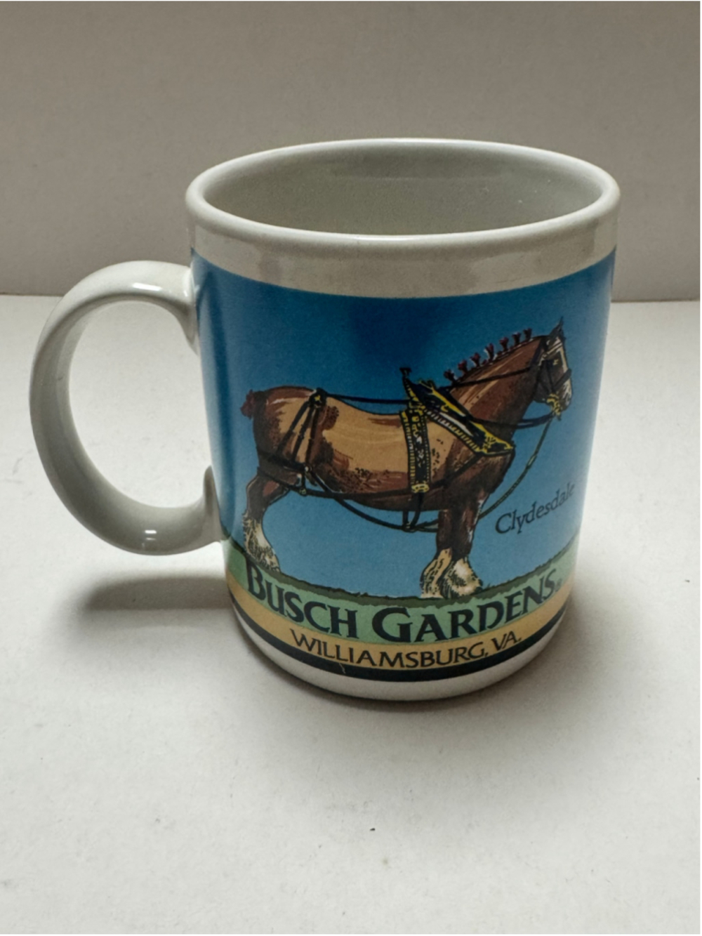 Vintage Busch Gardens Williamsburg, VA Virginia Coffee Mug Clydesdale